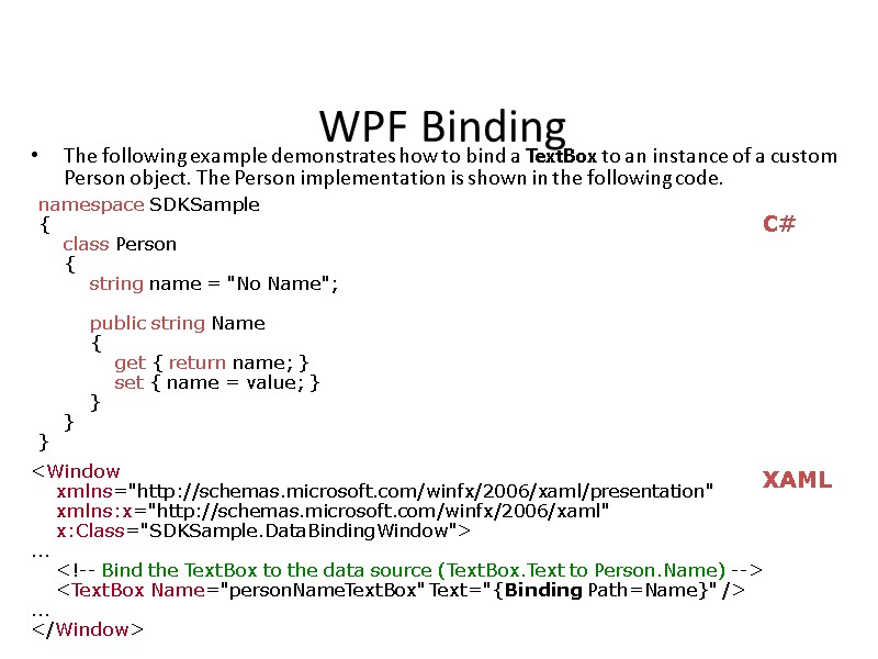 WPF Binding The following example demonstrates how to bind a TextBox to an instance